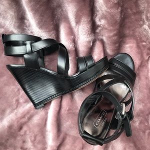Coach Black Leather Wedge Heels